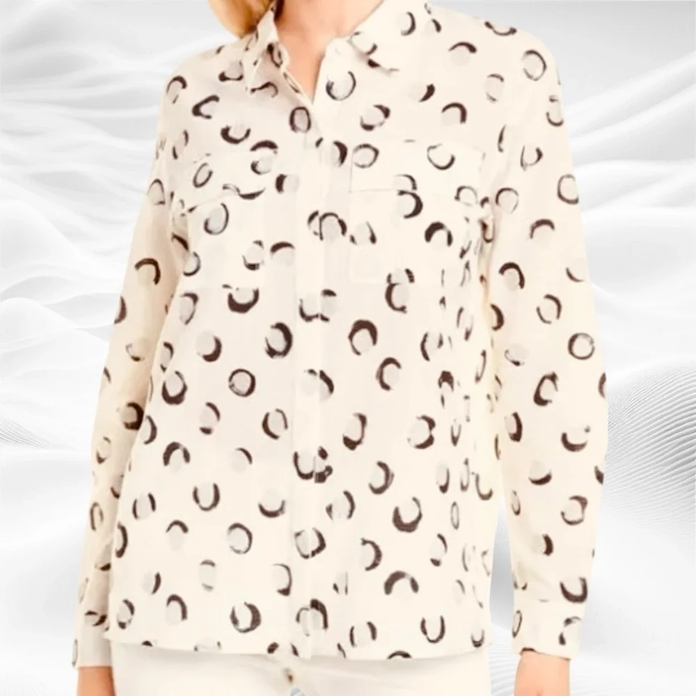 Lafayette 148 New York Zora Silk Long Sleeve Blouse, Button front S Cream Navy - Picture 1 of 8